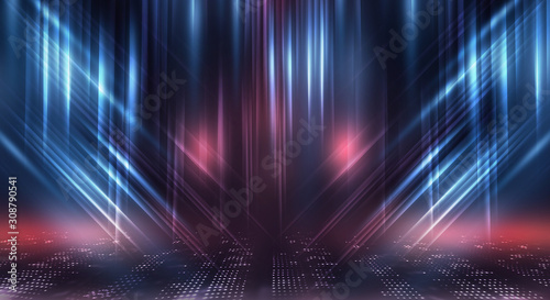Futuristic abstract neon background, geometric shapes. Abstract light, rays and lines. Empty night scene.