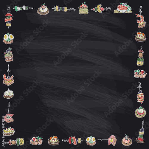 Canapes and sandwiches frame on a chalk blackboard