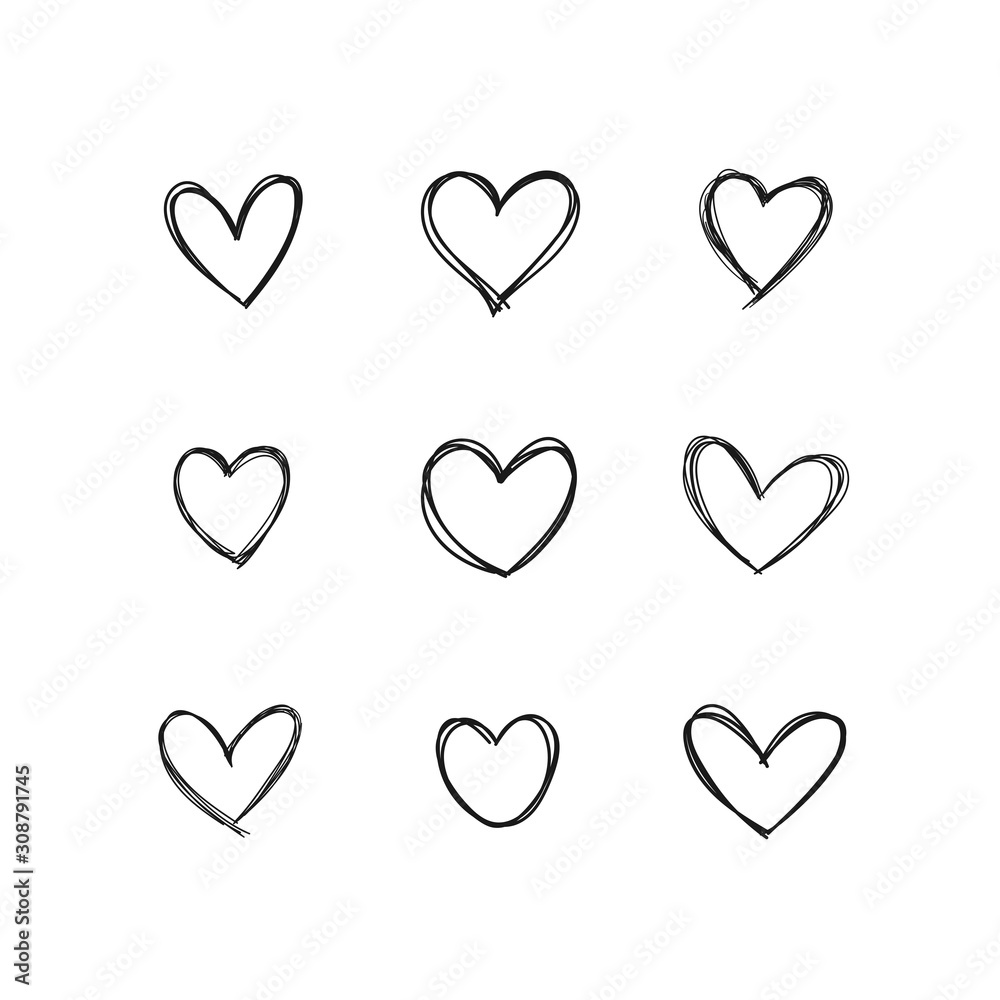 Heart doodles, linear illustration. Hand drawn love hearts. Heart doodles, linear illustration. Hand drawn love hearts.