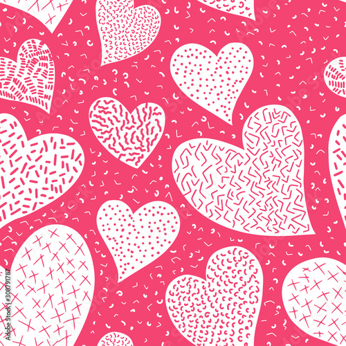 Romantic seamless pattern with cute images of hearts on a pink background. The style of children s drawing.