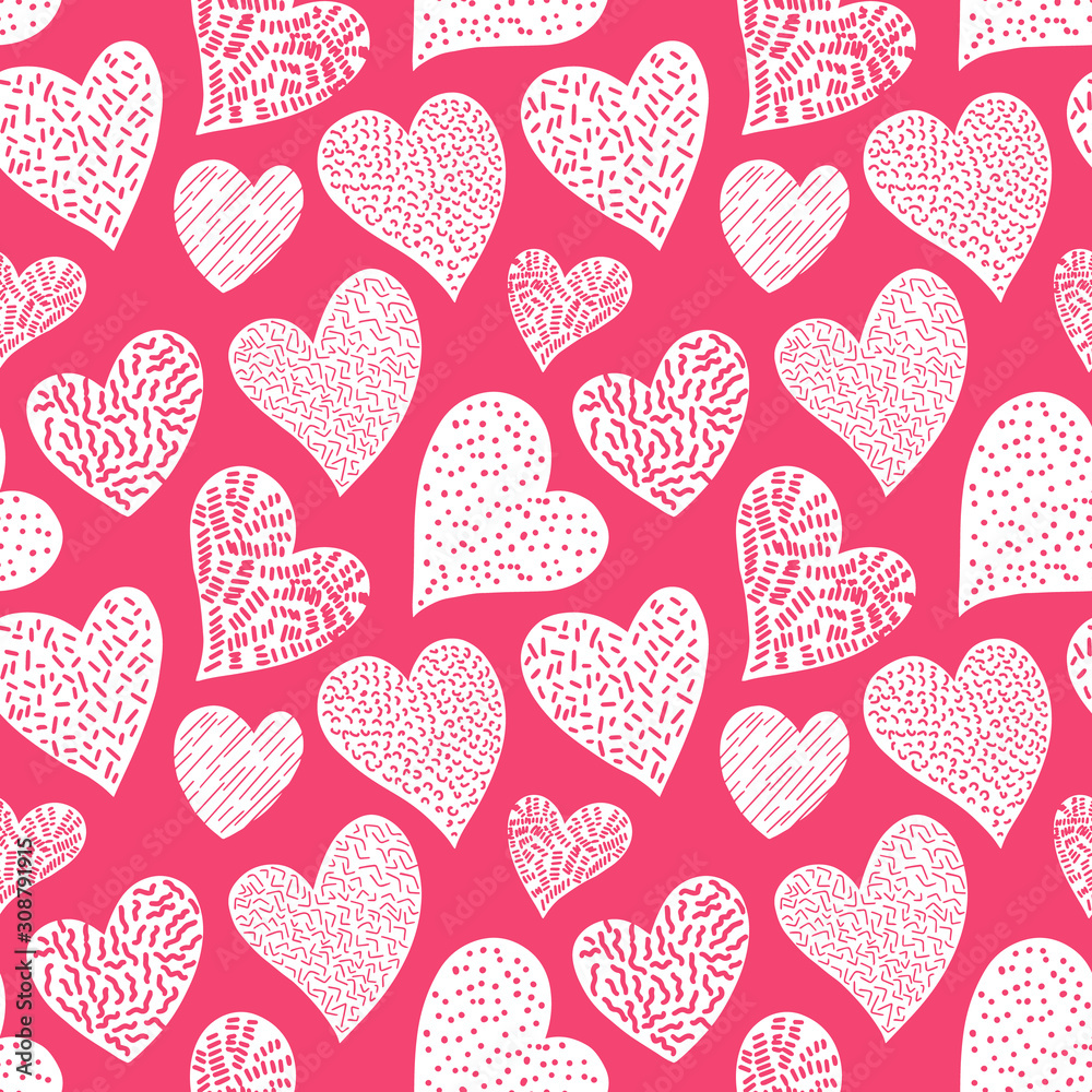Romantic seamless pattern with cute images of hearts on a pink background. The style of children's drawing.