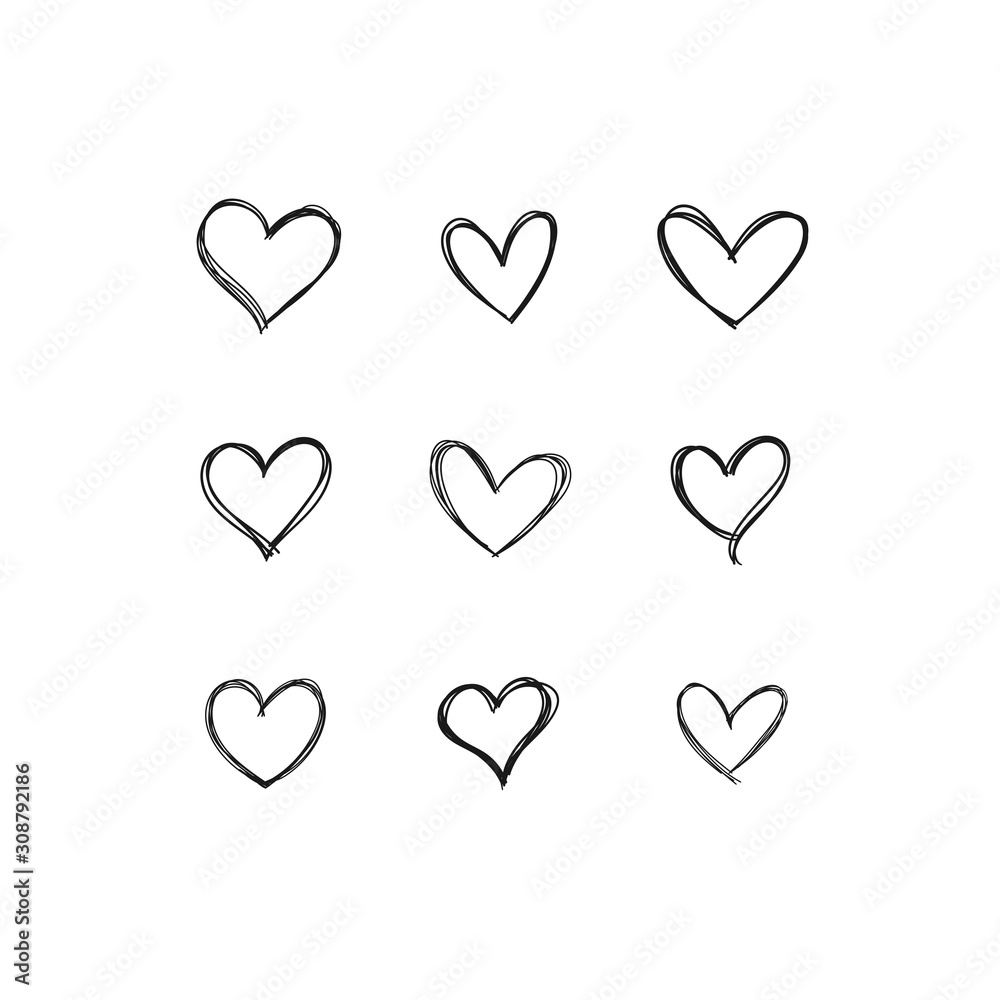 Heart doodles, linear illustration. Hand drawn love hearts. Heart doodles, linear illustration. Hand drawn love hearts.