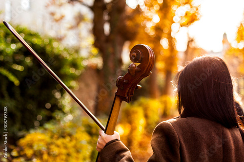 Musikerin mit Musikinstrument in der Natur. Musican with musicinstrument in nature. Chello. photo