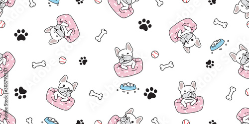 dog seamless pattern french bulldog vector footprint paw bone bed scarf isolated cartoon repeat background tile wallpaper illustration white design