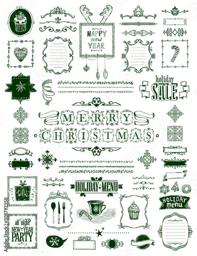 Christmas and New Year sketch elements set, hand drawn doodle graphic line elements - ribbons, frames, menus, dividers and phrases