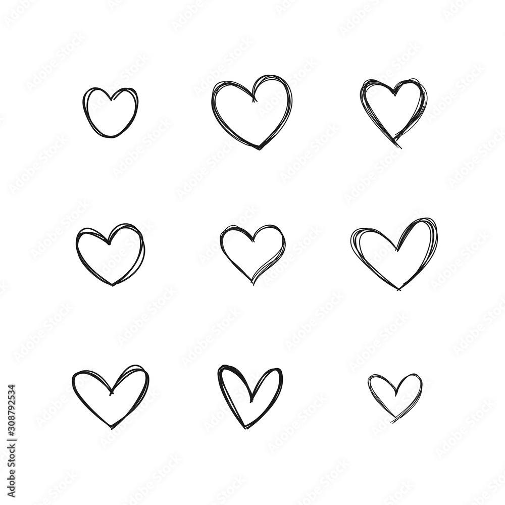 Heart doodles, linear illustration. Hand drawn love hearts.