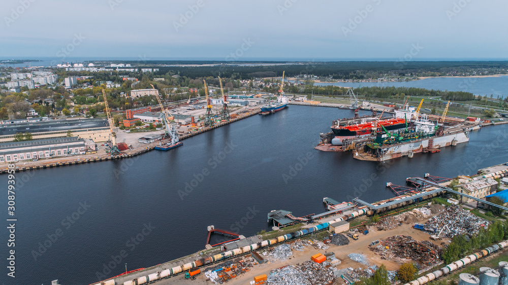Tanker vessel repair in dry dock Shipyard, Drone shot Tanker vessel repair in dry dock Shipyard, Drone shot