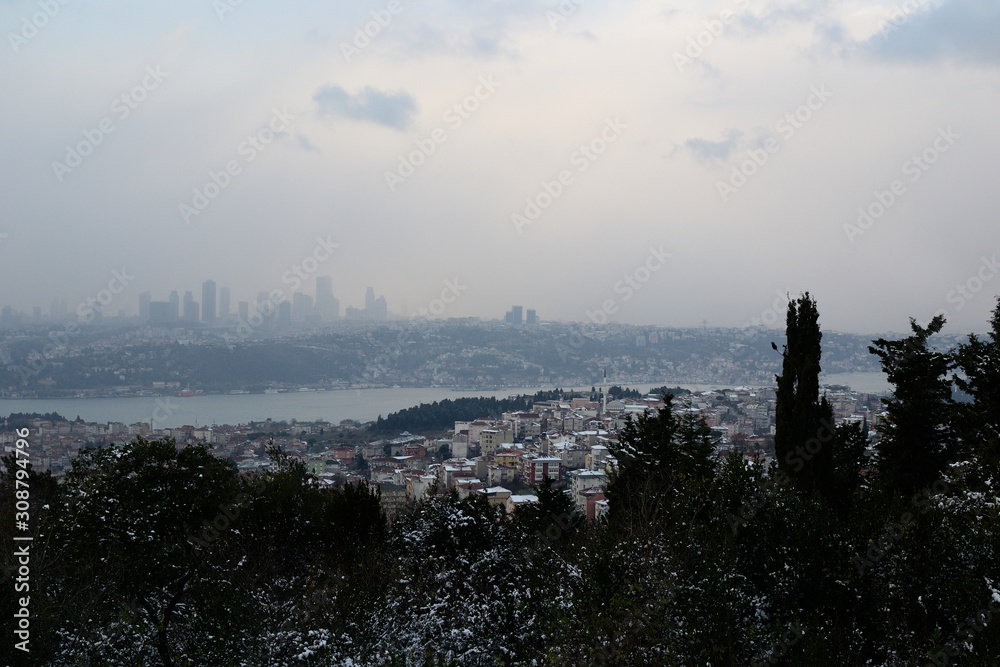 Istanbul in a fog in winter, view from the highest point of the city