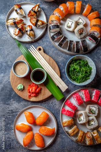 Sushi and rolls sets. Japonese food. top view