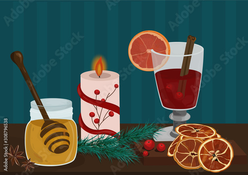 Set of mulled wine, fruit and spices