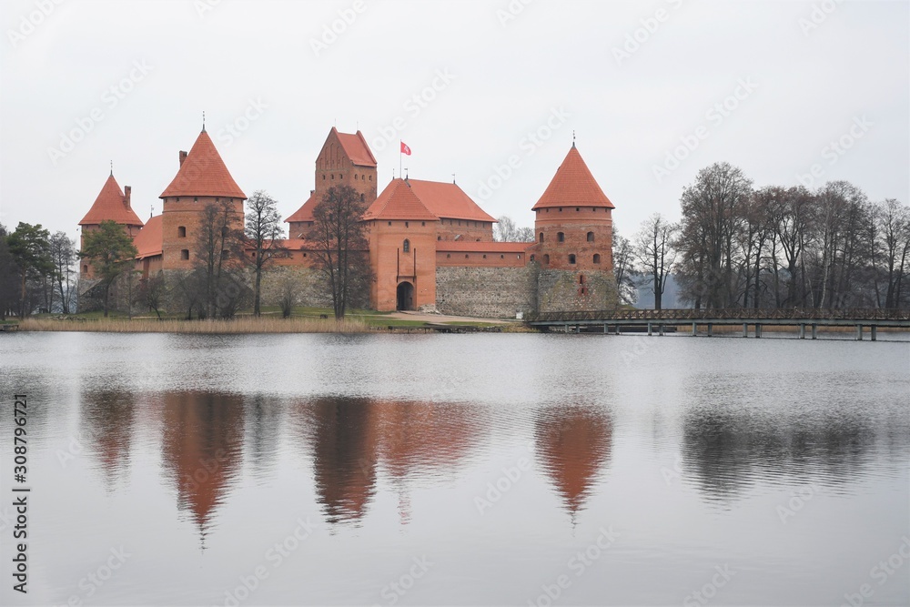 Medieval castle of Trakai, Vilnius, Lithuania, Eastern Europe, located between beautiful lakes and nature with reflections on the water