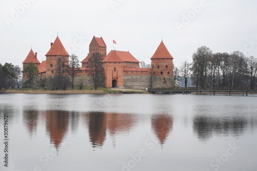 Medieval castle of Trakai, Vilnius, Lithuania, Eastern Europe, located between beautiful lakes and nature with reflections on the water