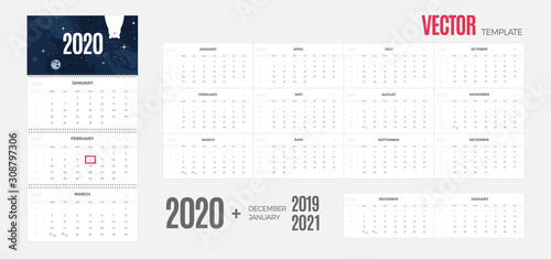 Wall Monthly 2020 Calendar vector space template