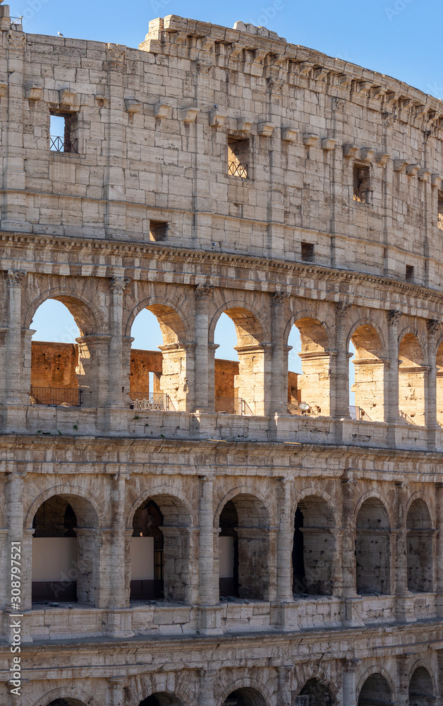 Part of the Flavian Amphitheatre known as the Coliseum. it is one of the main tourist attractions of the city of Rome and is visited by many tour