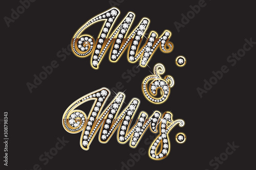 Mr. and Mrs. gold diamonds bling wedding design lettering text vector image
