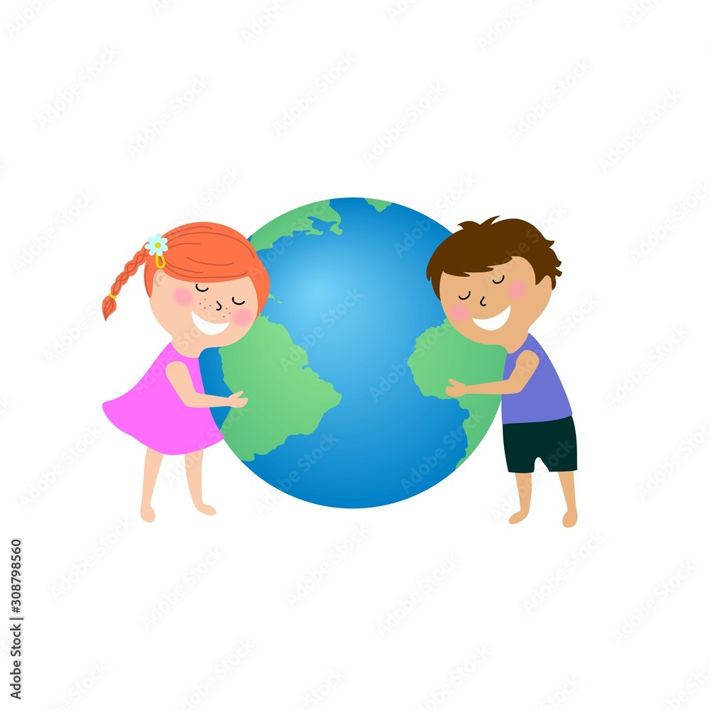 kids hugging planet earth, vector illustration cartoon design isolated on white background kids hugging planet earth, vector illustration cartoon design isolated on white background