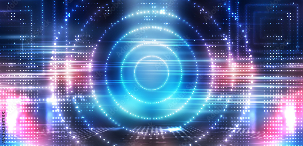Obraz premium Futuristic abstract neon background, geometric shapes. Abstract light, rays and lines. Empty night scene.