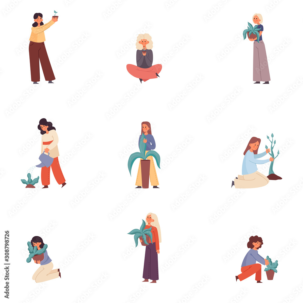 Set of women caring for house plants. Vector illustration in flat cartoon style.