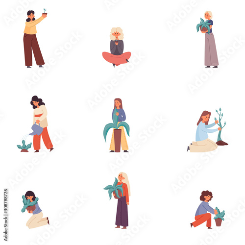 Set of women caring for house plants. Vector illustration in flat cartoon style.