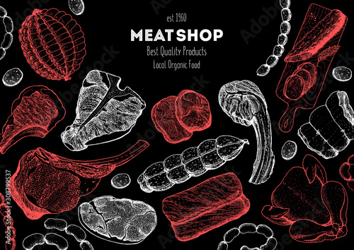 Meat products top view frame. Vector illustration. Engraved design. Hand drawn illustration. Pieces of meat design template. Great for package design. Chicken, beef, pork, sausage, lamb, ham sketch.