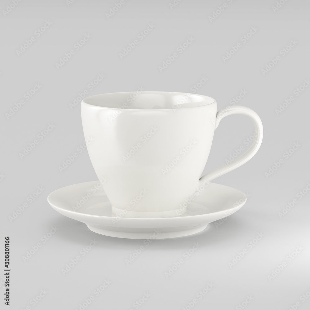 White porcelain cup and saucer on a gray background, cup for drinks, tea and coffee, mockup for advertising and design. 3d illustration.