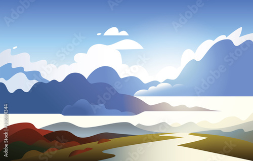 Vector illustration of stylized natural landscape with a river. Minimalist modern style.