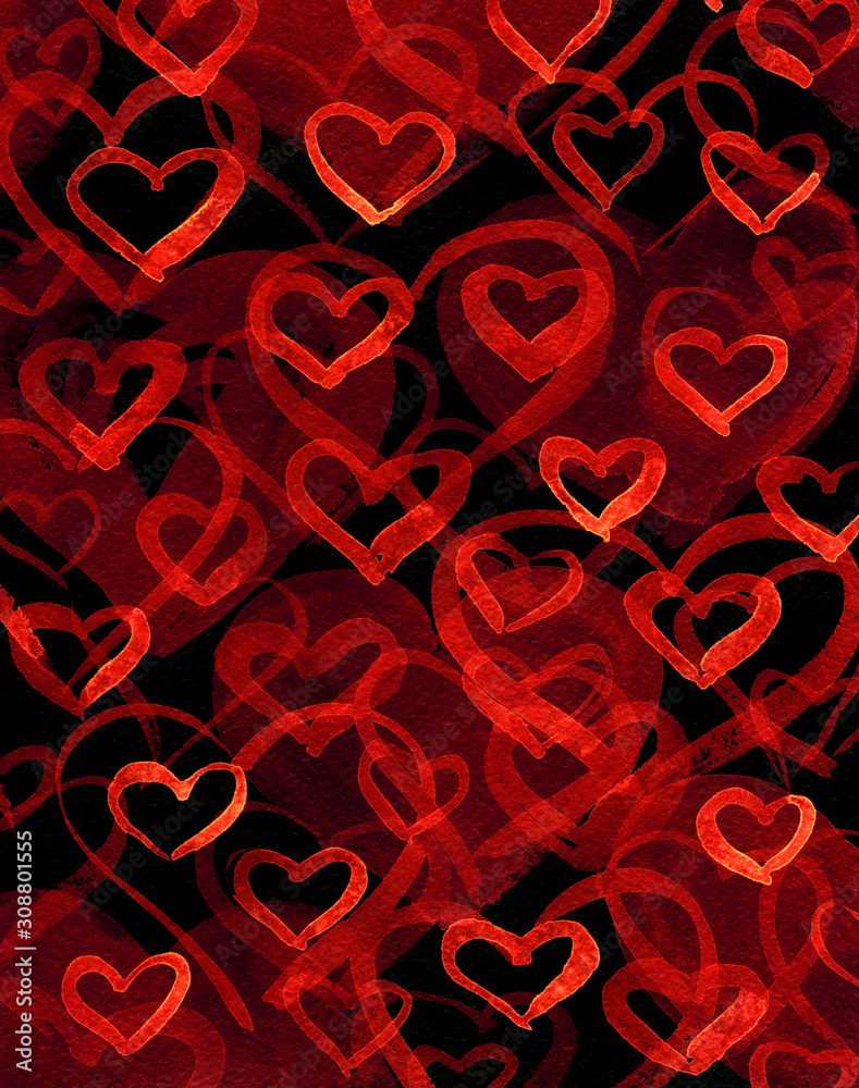 Abstract watercolor background Dark Heart, with texture of paper, hand draw. Red hearts on dark background. Design for backgrounds, wallpapers, prints, covers and packaging