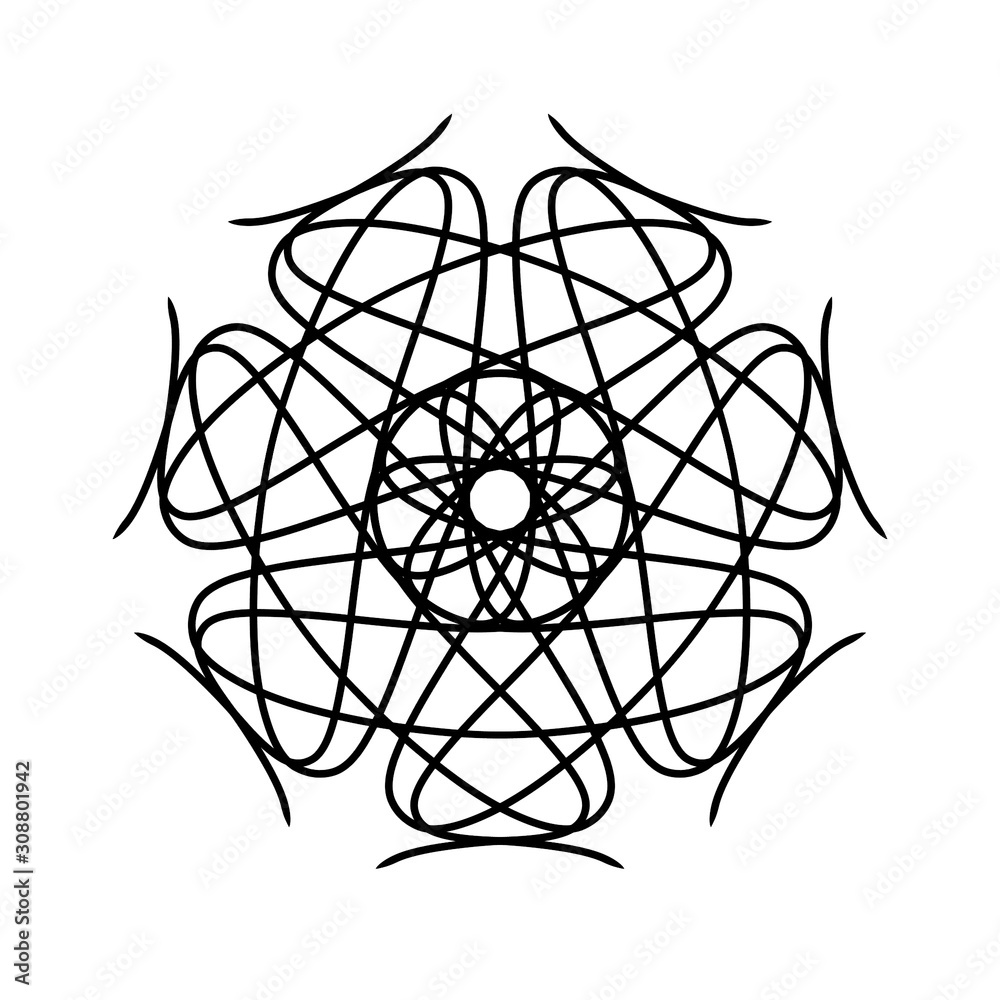 Fototapeta premium Abstract circle pattern mandala sun fireworks. spirograph halo sun starburst ray vintage monochrome modern circular pattern motif black white for design elemental, unique art lace lattice lines style