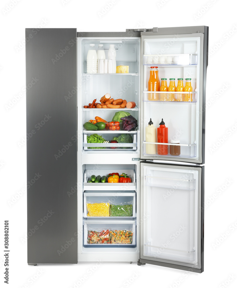 Open refrigerator filled with products isolated on white Open refrigerator filled with products isolated on white