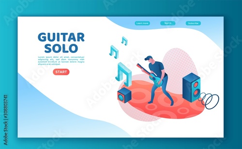 Guitar player 3d isometric infographic illustration, landing page template, man playing rock music at festival, concert show poster template, color icon photo