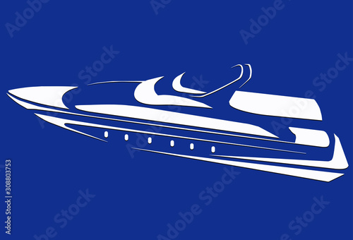 White silhouette of a yacht on a blue background.