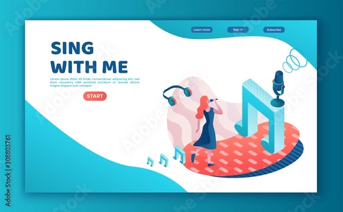 Singer contest 3d isometric landing page, vector colorful illustration, girl singing with microphone, radio person, listen music, website template, ui, ux design