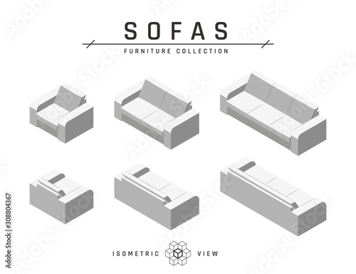 Isometric sofa, set of icons in flat style