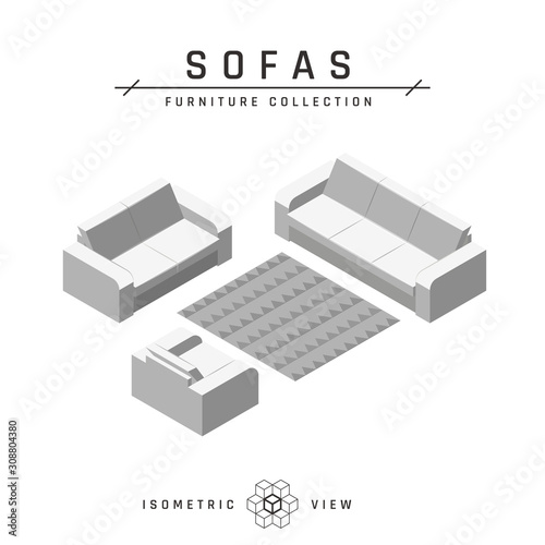 Isometric sofa, set of icons in flat style