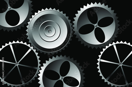 Black and White Technology Background. Machine Part with Gears on Brick Wall. 3D Illustration.