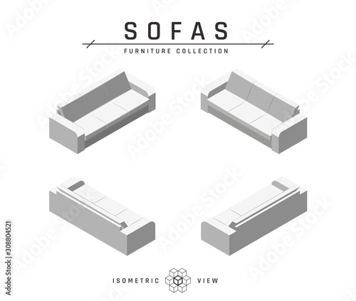 Isometric sofa, set of icons in flat style