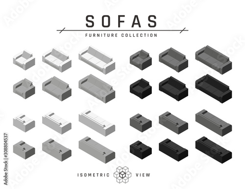 Isometric sofa, set of icons in flat style