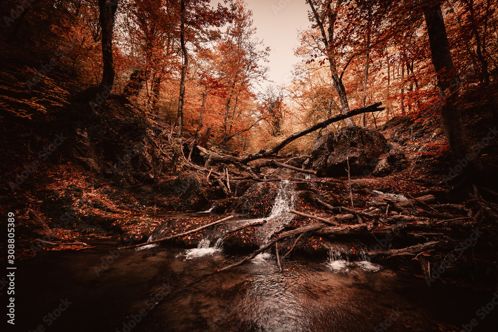 Beautiful waterfall with cascades in  autumn forest, dark brown toning