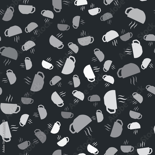 Grey Coffee cup flat icon isolated seamless pattern on black background. Tea cup. Hot drink coffee. Vector Illustration