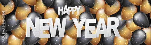 Happy New Year banner, website header or newsletter ad decoration. Winter holiday celebration designs concept with balloons and golden lettering. Vector illustration.