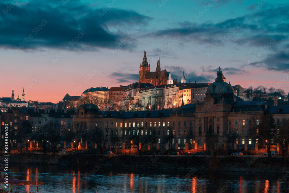 Prague Castle at Dusk With Beautiful Background With Pink And Blue Colours,