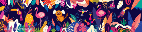 Vector colorful illustration with tropical flowers, leaves, monkey, flamingo and birds. Brazil tropical pattern. © moleskostudio