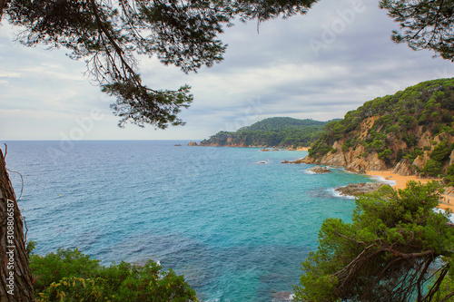Fototapeta Naklejka Na Ścianę i Meble -  Seascape: blue sea with rocky shores and green trees. Lloret de Mar on a beautiful summer day, Costa Brava, Catalonia, Spain