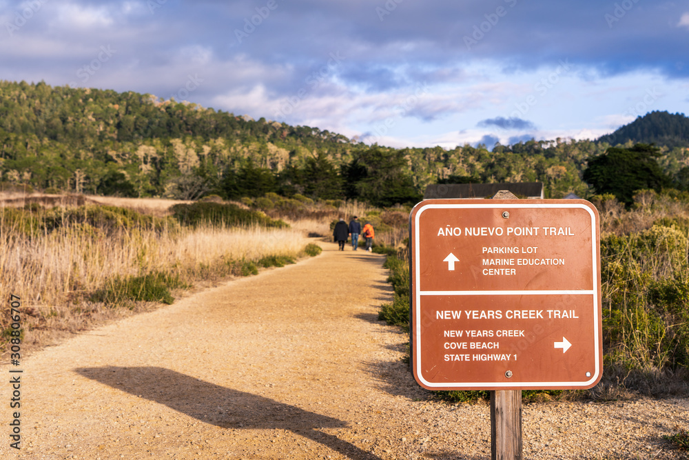 Sign posted on one of the trails in Ano Nuevo State Park, Pacific Ocean Coastline, California Sign posted on one of the trails in Ano Nuevo State Park, Pacific Ocean Coastline, California