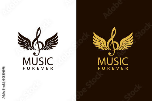 collection of treble clefs with wings isolated on white and black background
