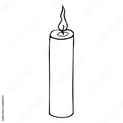 Candle. Vector illustration. Outline on an isolated background. Doodle style. Sketch. Coloring book for children. Magic attribute. The hot wax runs off. Hot flame. Halloween. Festive print.