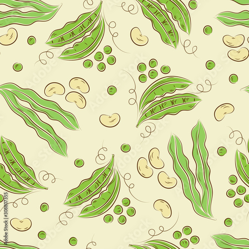 Green beans and peas seamless pattern. Vegetables background
