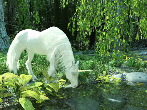 White unicorn approaching the lake in forest to drink water. 3D rendering.