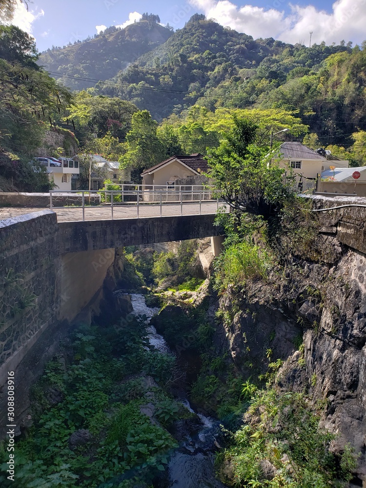 river running below a bridge with houses river running below a bridge with houses