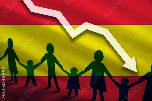 Spain flag background of the arrow chart down. Decrease in the number of the country's rape. Fertility below the measurement. Reducing the flow of refugees, tourists, immigrants.